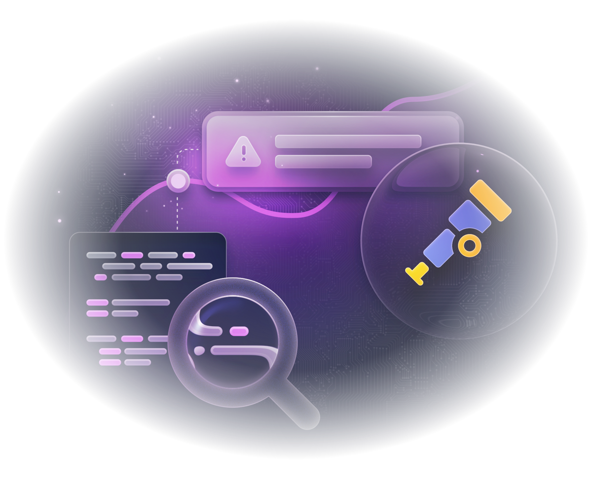 Log lines under a magnifying glass next to an alert and a telescope, representing observability and audit