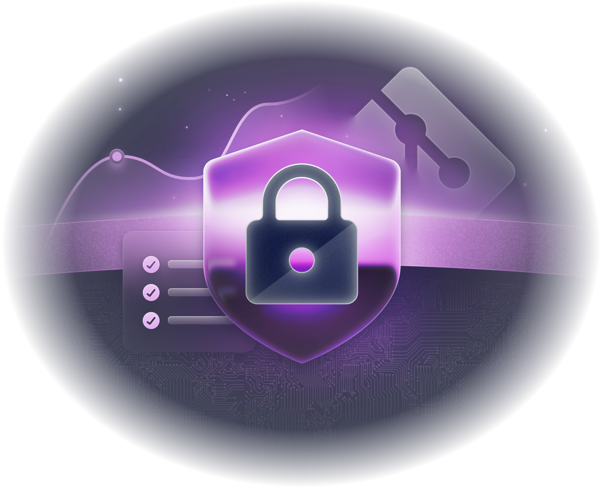 Locked shield in front of a policy checklist and a Git branch, representing authentication and policy guardrails