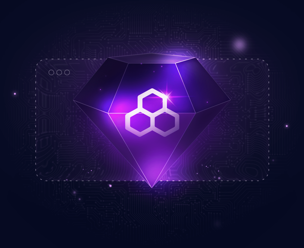 A glowing diamond holding the Traefik hexagon mark, framed in a terminal window