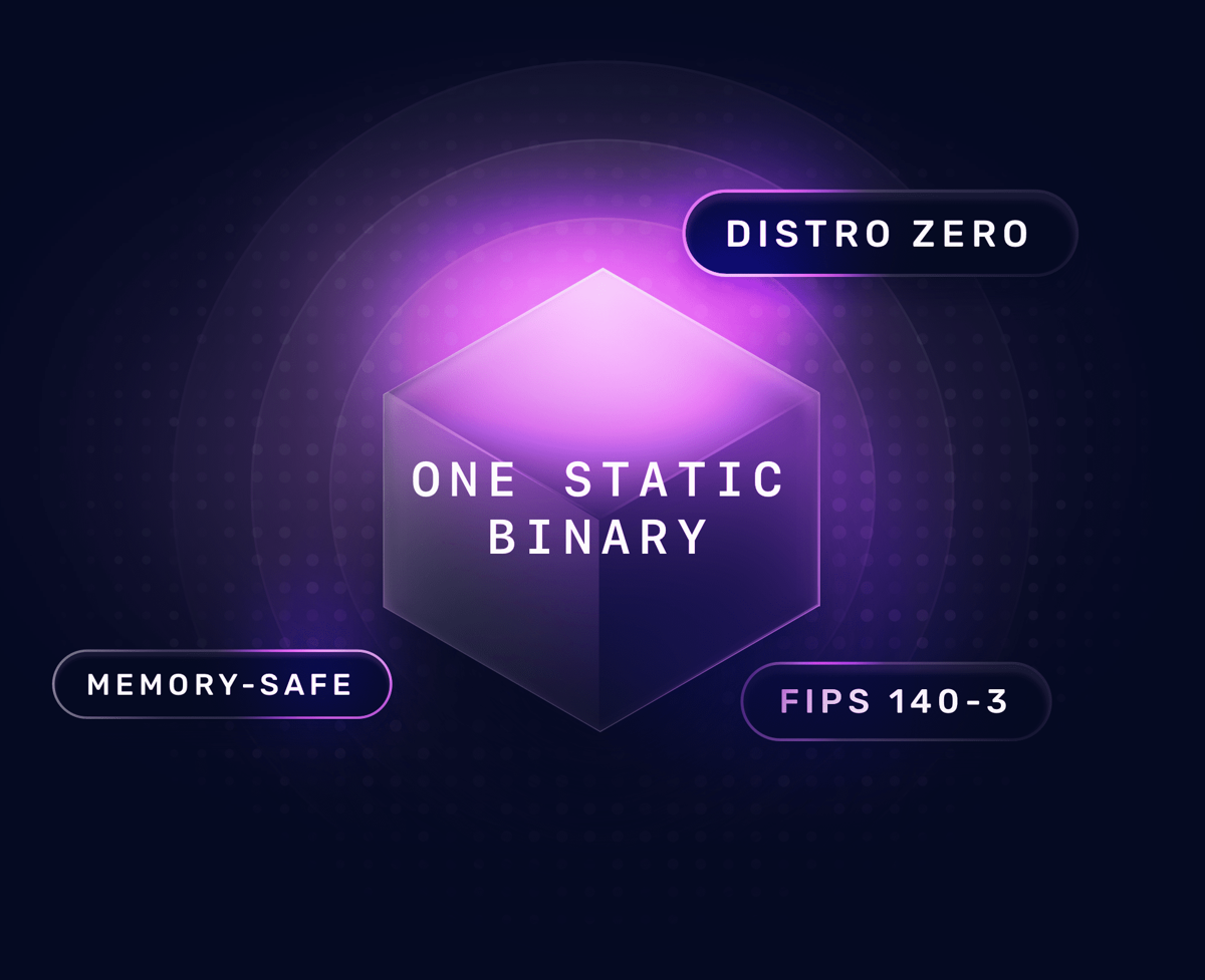Glowing cube labelled One Static Binary, badged Distro Zero, Memory-Safe, and FIPS 140-3