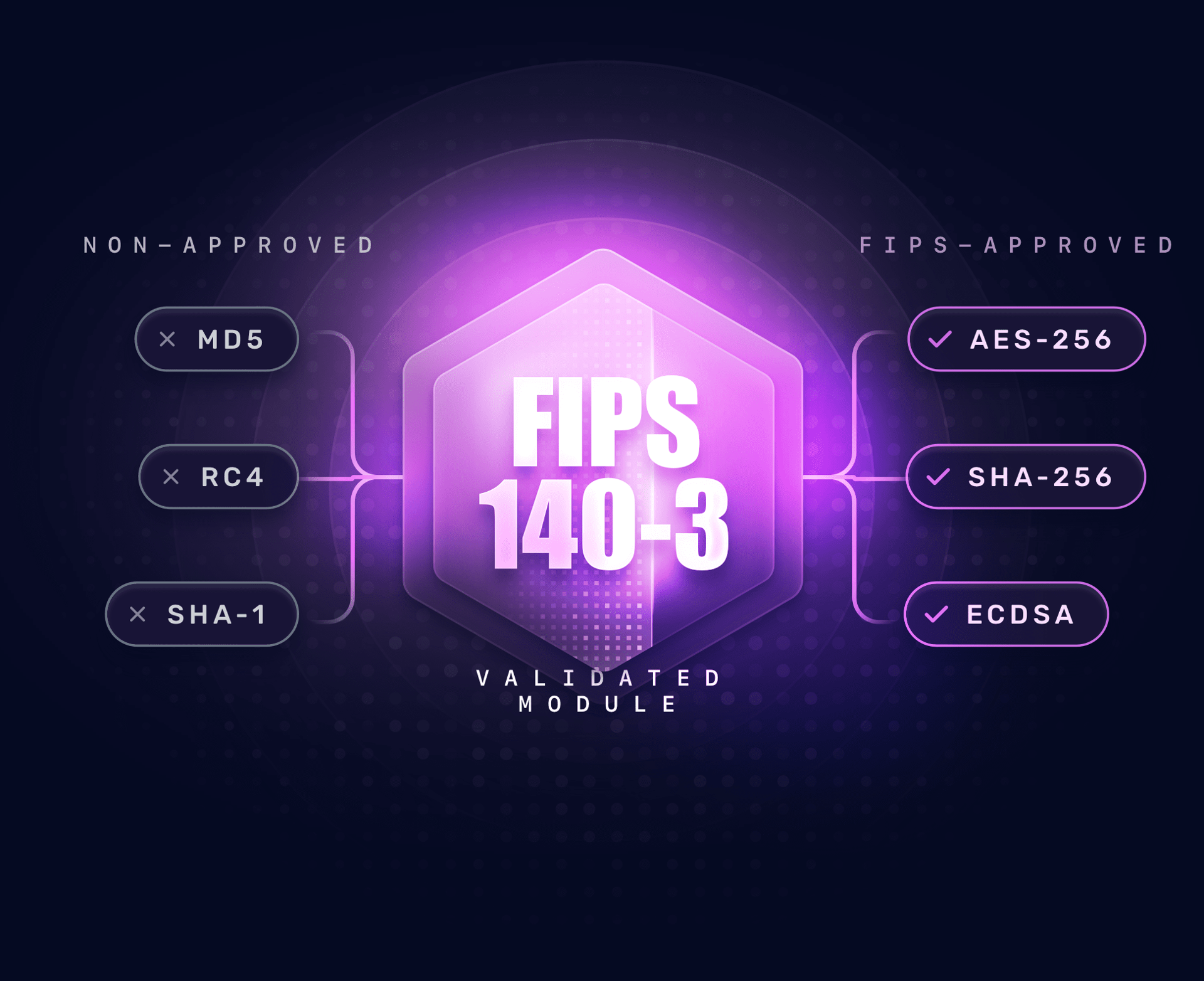 Diagram of the FIPS 140-3 validated module rejecting non-approved primitives like MD5, RC4, and SHA-1, and routing through FIPS-approved primitives like AES-256, SHA-256, and ECDSA